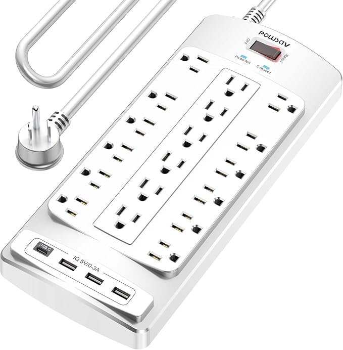 18 Outlets Surge Protector Power Strip - 10 Feet Flat Plug Heavy Duty Extension Cord with 18 Widely Outlets and 4 USB Ports, 2100 Joules, White, ETL Listed