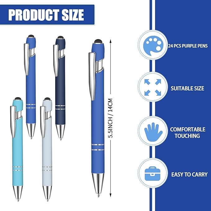 24 Pcs Blue Ink Ballpoint Pen with Stylus Tip 2 in 1 Ballpoint Pen 1.0 mm Blue Ink Metal Stylus Pen for Touch Screens Coworkers, Family, Colleagues, Office (Treasure Navy)