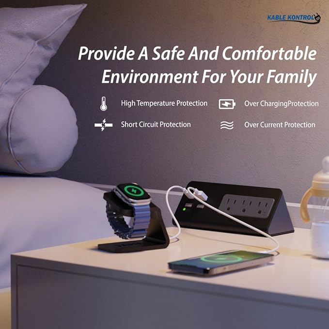 Kable Kontrol Desk Clamp Power Strip with USB-C Port, Nightstand Charging Station, 3 AC Outlets, 3 USB-A Ports, Fast Charger, Easy Installation for Home, Offices, Hotels – 4.9 Ft, Black, 1 Pc