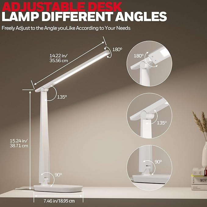 Honeywell LED Desk Lamp for Home Office, Eye-Caring Light with 4 Color Modes & Touch Control, USB A+C Charging Ports, Adjustable Rotating Head with Timer for Reading, Bedroom & Small Desks