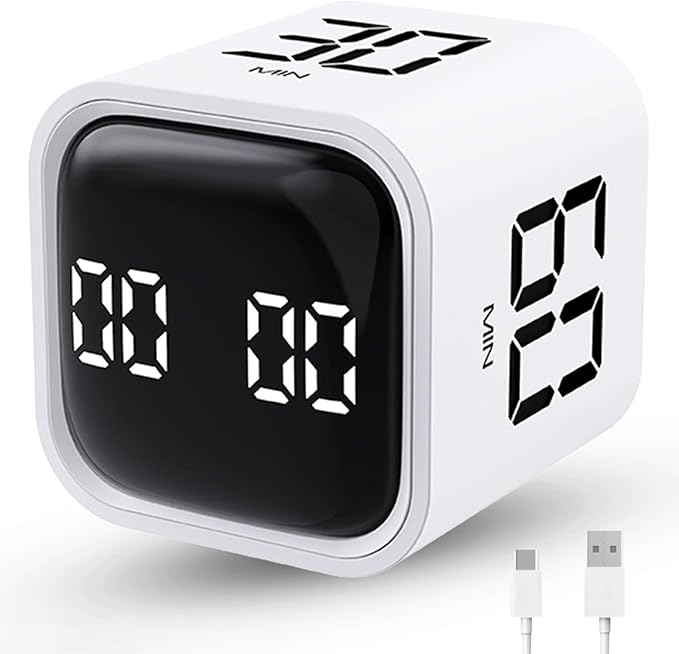 Productivity Timer Flip Gravity Sensor Cube Timer Countdown & Countup,Mute & Vibrate & Sound，5/10/30/60min & Custom Timing, Perfect for ADHD,Work,Learning,Kitchen Cooking (1White)