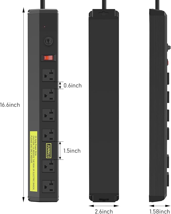 JUNNUJ Heavy Duty Metal Power Strip 20 Amp, High Amp Surge Protector 6 Outlet, 20A Power Strips Workshop Industrial Outlets Wide Spaced 6-20R T-Slot with Circuit Breaker, 12 Gauge Extension Cord 10ft