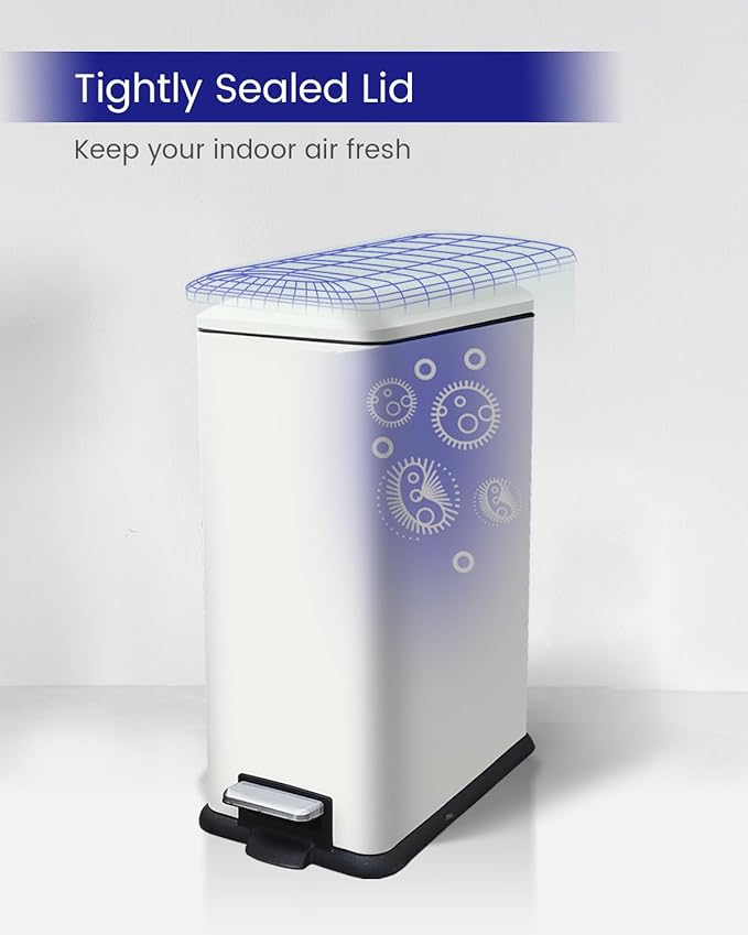 Kitchen Rubbish Bin, 45 Litre Waste Bin, Large Pedal Bin, Kitchen Rubbish Bin with Softclose Lid and Inner Bin, Slim Pedal Bin for Kitchen, Bathroom and Office, White