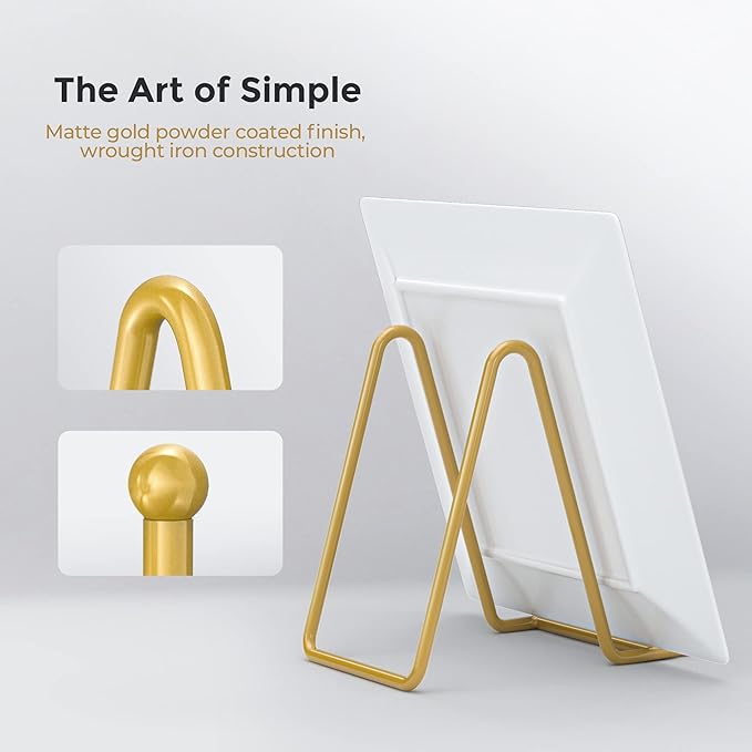 TR-LIFE Plate Display Stand - 4.5 Inch Holder + Metal Frame for Picture, Decorative Plate, Photo Easel, Tabletop Art (Gold 2 Pack)