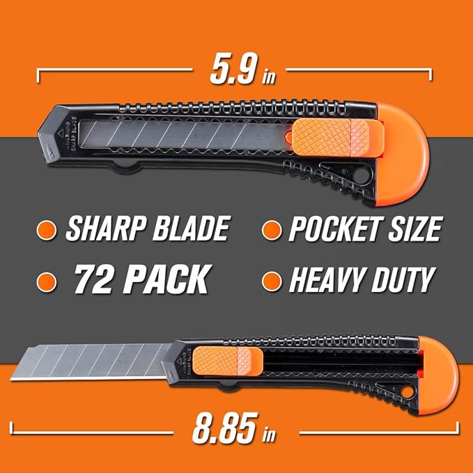 REXBETI Utility Knife, Retractable Box Cutter for Cartons, Cardboard and Boxes, 18mm Wider Razor Sharp Blade, Smooth Mechanism, Perfect for Office and Home use (72 Pack)