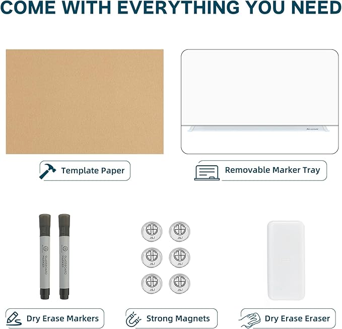 J&J worldwide Glass Whiteboard, Magnetic Brilliance White Glass Dry Erase Board 8' x 4', Includes Markers, Marker Tray, Eraser for Wall, Office, Home, School