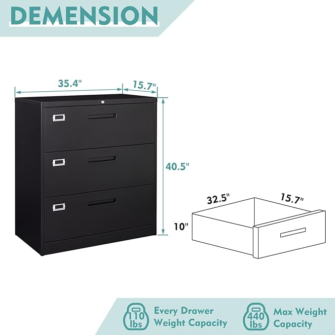 MIIIKO Lateral File Cabinet with Lock, 3 Drawer Lateral Filing Cabinet, Large Deep Drawers Locked by Keys, Metal Storage File Cabinet for Hanging Files Letter/Legal/F4/A4 Size