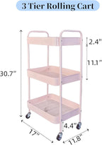 LIWNYRK 3 Tier Pink Rolling Cart for Nursery & Laundry Room with Handle & 4 Hooks, Metal Kitchen Storage Cart on Wheels and Lockable Casters, Large Capacity Sturdy Trolley for Lash Craft Bathroom
