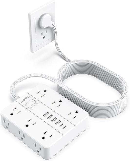 25FT Surge Protector Power Strip,12 AC Outlets with 6 USB Ports (2 USB-C), Flat Plug Extension Cord with Multiple Outlets, Wall Mount for Home Office,Dorm, White