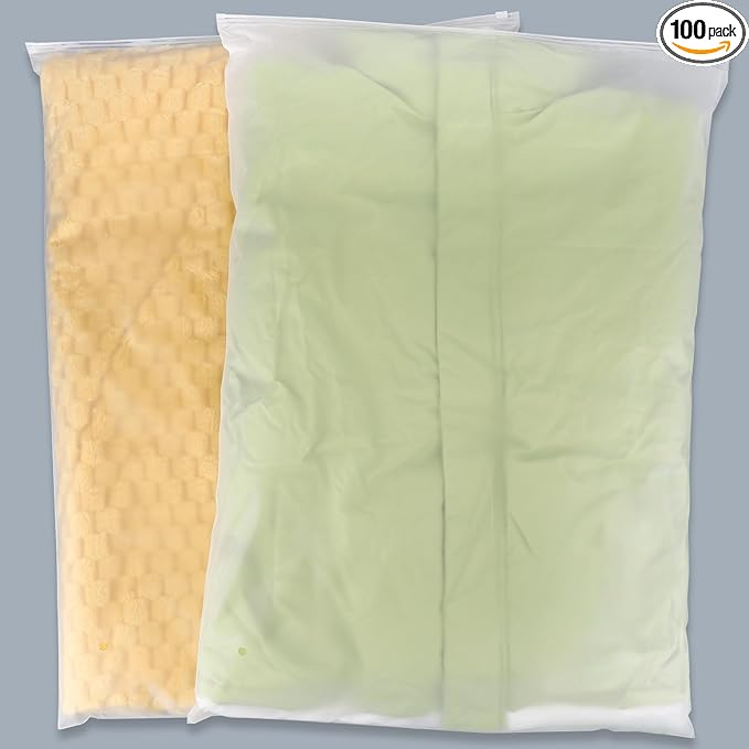 Svaldo Clothing Bags, 100 Count 20x28 inch Jumbo Extra Large Frosted Zipper Plastic Bags for Clothes, Sweater Dress, Backpack, Blanket, T Shirt Packaging Shipping, 3 Mil, with Vent Holes