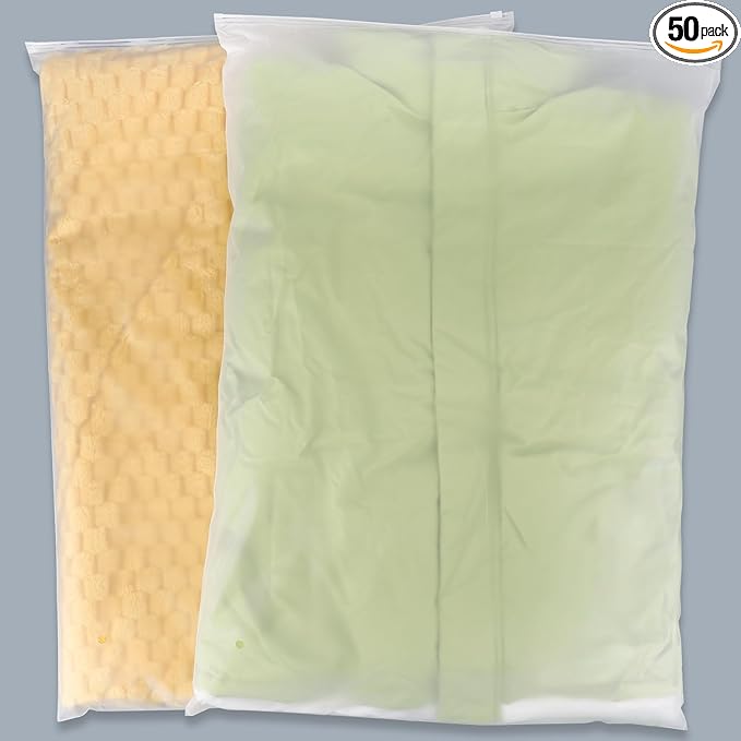 Svaldo Clothing Bags, 50 Count 20x28 inch Jumbo Extra Large Frosted Zipper Plastic Bags for Clothes, Sweater Dress, Backpack, Blanket, T Shirt Packaging Shipping, 3 Mil, with Vent Holes