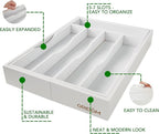 oridom Expandable Bamboo Kitchen Drawer Organizer for Cutlery and Utensils, Adjustable Bamboo Wood Cutlery Tray in Drawer for Flatware and Silverware in Kitchen, (White)