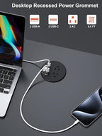 Recessed Power Grommet 3 inch with 20W USB C Ports 2 AC Outlets,Recessed Outlet Fast Charging Station,Desk Hole Grommet Outlets,Round Desktop Power Grommet Outlet for Office,Home (Black, 20W USB)