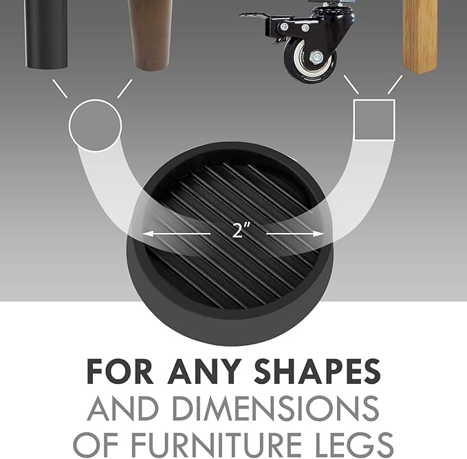 VOCOMO 2X2 Round Rubber Caster Cups, Non Slip Furniture Pads, Anti-Slip Gripper, Anti Skid Furniture Feet, Anti Slide Floor Protector for Bed Couch Table Chair Stoppers - (Black, 4 Pack)