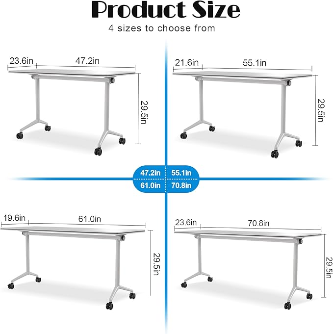 Conference Table Flip Top Mobile Conference Room Tables,Folding Conference Table with Wheels,Large Meeting Training Seminar Table Saving Space for Office Classroom (10, White, 61'')