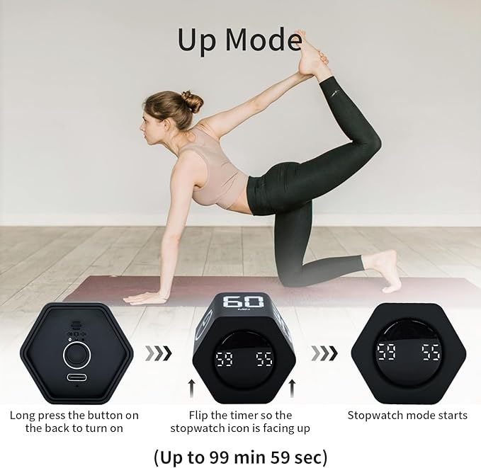 Productivity Timer Flip Gravity Sensor Cube Timer Countdown & Countup,Mute & Vibrate & Sound，5/10/30/60min & Custom Timing, Perfect for ADHD,Work,Learning,Kitchen Cooking (2, Black Hexagon)