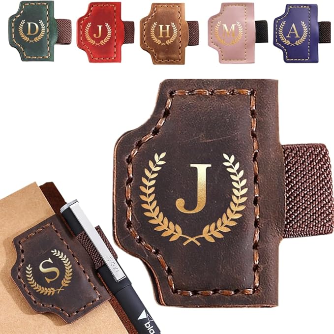 Personalized Mark Bookmark with Pen Holder, Leather Magnetic Book Marker 26 Letters,Custom Initials Page Marks, Gifts for Book Lovers Readers Men Women (Coffee, J)