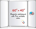 60” x 40” Foldable Whiteboard Dry Erase Board Large Tri Folding Whiteboard Magnetic Dry Erase Board, Wall Aluminium Frame and Flip Out Pen Tray for Office, Home