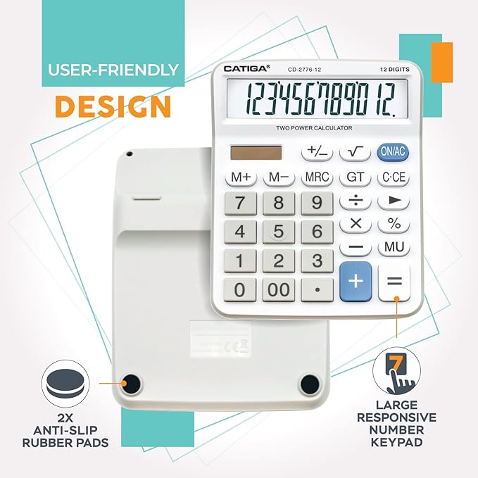 Premium Commercial 12-Digit Large Desktop Calculator with Huge 5-Inch LCD Display Screen, Giant Responsive Buttons, Battery and Solar Powered, Perfect for Home/Office Accounting Finance Use, CD-2776