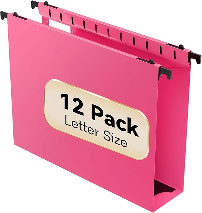 Nordun Extra Capacity Plastic Hanging File Folder Letter Size,12 Pack Reinforced Hang Folders with Heavy Duty 2 Inch Expansion,Pink Hanging File Folder Designed for Bulky Files