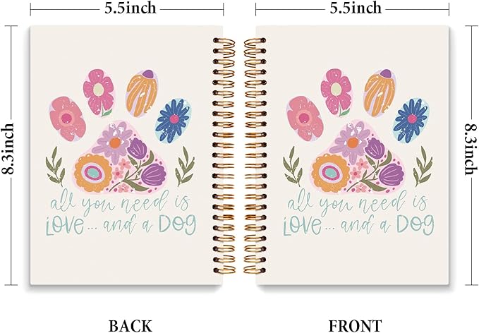 JXREQ Cute Pink Floral Dog Paw Notebook Journal for Women Dog Lovers Gifts, Cute Notebooks for Note Taking Writing, All You Need Is Love and a Dog Spiral Notebooks 5.5x8.3