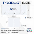 96” x 40 ” Foldable Whiteboard Dry Erase Board Large Tri Folding Whiteboard Magnetic Dry Erase Board, Wall Aluminium Frame and Flip Out Pen Tray for Office, Home