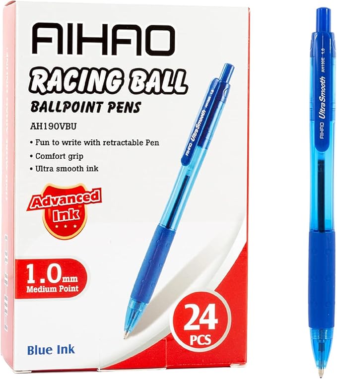 AIHAO Retractable Ballpoint Pens, Blue Ink, 24 Pack – 1.0mm Medium Point, Ultra-Smooth Ink, Comfortable Grip, Ideal for Journaling, Note Taking & Planners