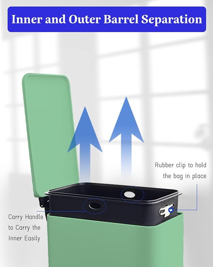 8 Gallon Slim Trash Can with Soft Close Lid, Stainless Steel Trash Can with Removal Inner Bucket, Hand -Free Trash Bin for Kitchen, Office, Laundry, Bathroom, 30 Liter Capacity, Green