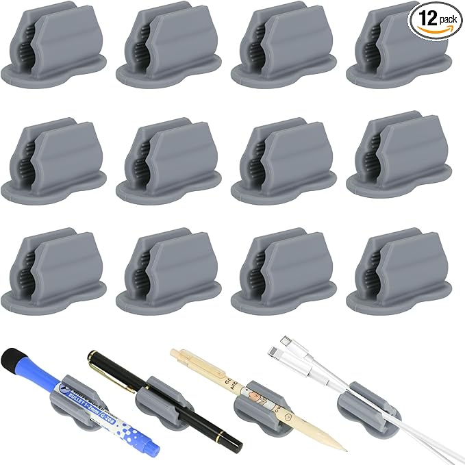 12PCS Pen Holder for Desk, Upgraded Adhesive Pen Pencil Holder for Desk Wall Clipboard Car Silicone Pens Markers Pencils Organizer Teacher Supplies Office Supplies (12PCS Gray)