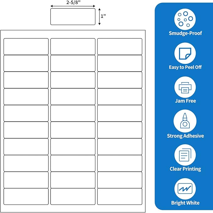 BESTEASY 30-up 500 Sheets 1" X 2-5/8" Address Shipping Labels for Laser and Inkjet Printers, FBA Product Labels (15000 Labels)