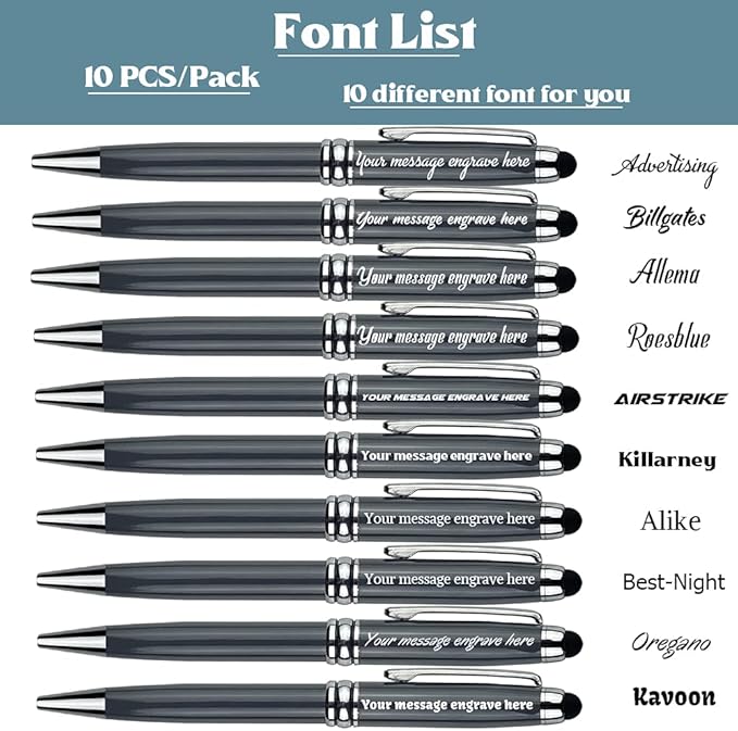 Ancolo Personalized Fancy Pens with Stylus Tip for Touch Screen Phones Office Writing Set- Engraved with Your Message Name Company Team Name, Phone Number Gift for Business Men 10 Pens/Box