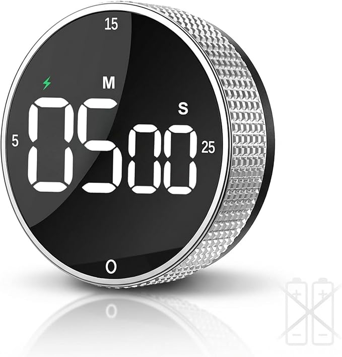 Rechargeable Magnetic Kitchen Timer,LED Countdown/Up Timer, Supports USB-C Charging,with Loud Alarm,3 Preset Quick Times(5/15/25m),Perfect for Kitchen Cooking, Studying, and Fitness (Silver)