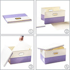 PRANDOM Large Foldable Storage Bins with Lids [3-Pack] linen Fabric Decorative Storage Boxes Organizer Containers Baskets Cube with Handles Divider for Bedroom Closet Purple&Cream(17.7x11.8x11.8)