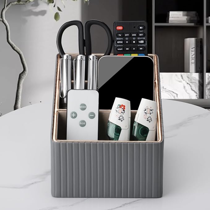 KINGFOM 3 Slot PU Leather Remote Controller Holder, Home Sundries Storage Box, TV Guide/Mail/CD Organizer/Caddy/Holder with Free Cable Desk Organizer (Grey)