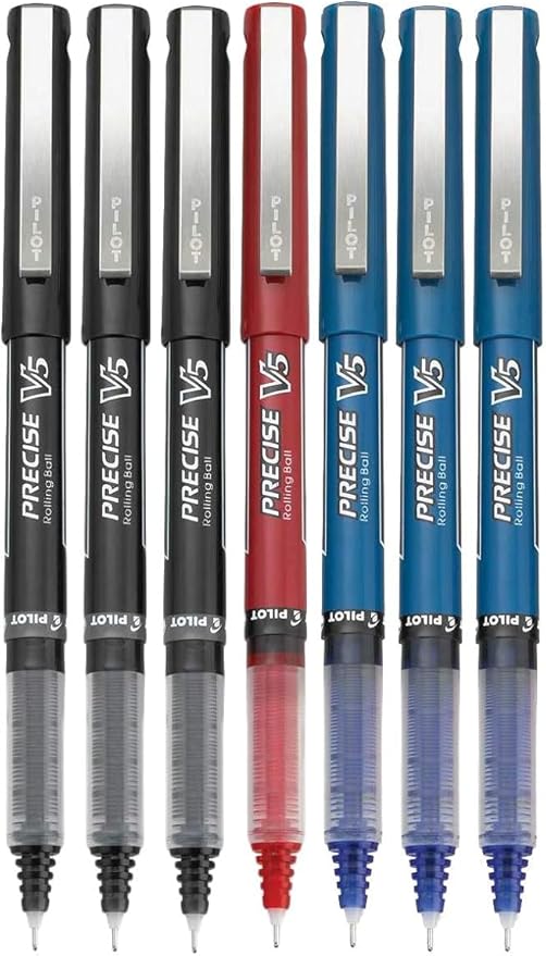 Precise V5 Stick Rolling Ball Pens, Extra Fine Point (.5mm), Assorted Colors Black/Blue/Red Ink, 7-pk; Bundle with Plastic Reusable Pouch