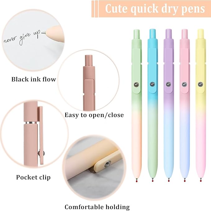 5pcs Gel Pens, Retractable Quick Dry Black Ink Pens Fine Point 0.7mm Premium Cute Rolling Ball Smooth Writing Pastel Aesthetic Pens Comfort Grip for School Office Supplies