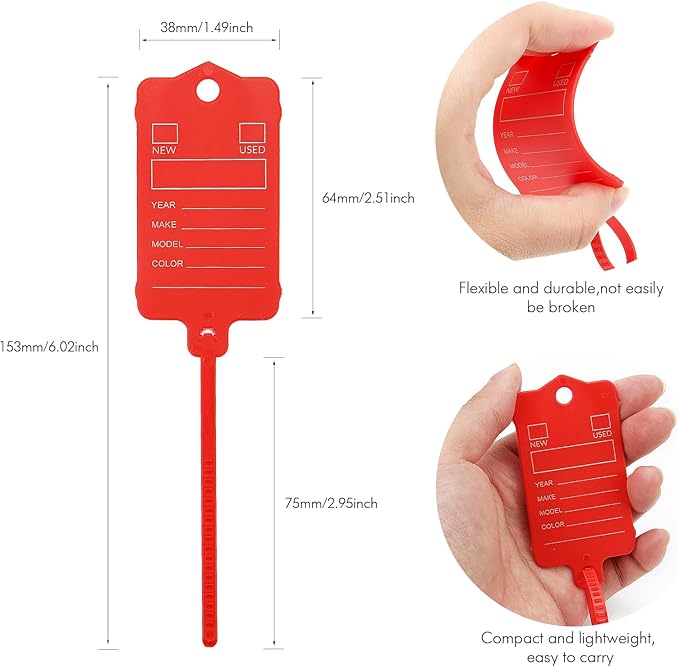 50 Car Key Tags with Labels Plastic Car Dealership Key Tags Self Locking Automotive Identifiers Blank Shop Labels with One Pen (Red)