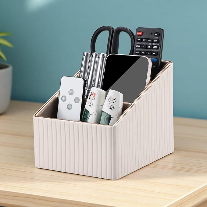 KINGFOM Remote Control Holder with 3 Compartments, Pu Leather Remote Caddy Desktop Organizer for TV, CD, Blu-Ray, Media Player, Heater Controllers and Cosmetics Office Supplies Light Beige