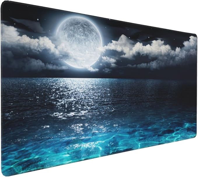 CANFLASHION Gaming Mouse Pad,Large Mouse Pads for Desk,Non-Slip Rubber Base Extended Mousepad,XXL Keyboard Mouse Mat,Computer Keyboard Desk Pad with Stitched Edges,35.4x15.8inch,Full Moon On Sea Night
