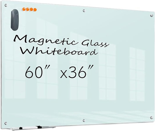 KIZZBY Glass Dry Erase Board - Magnetic Whiteboard, 60"X36" Frameless White Board Clear Glass Boards with Super Strong Magnets, Wall Mounted for Office, Classroom and Home
