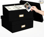 Decorative Photo Storage Box - 2 Pack Linen Photo Box Organizer with Dividers, Fits Holds Up to 1700 Pictures and 4x6 Photos, Memory Keepsake Organizer for Scrapbook Supplies, Cards, Stamps (Black)