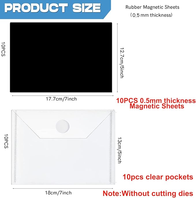 20PCS/Set 10 PCS 0.5mm Thickness Magnetic Sheets and 10PCS 7x5inch Clear Plastic Storage Bags for Dies and Stamp Sets Collections Reusable Sturdy PVC Clear Storage Pockets and Cuttable Magnetic Sheets
