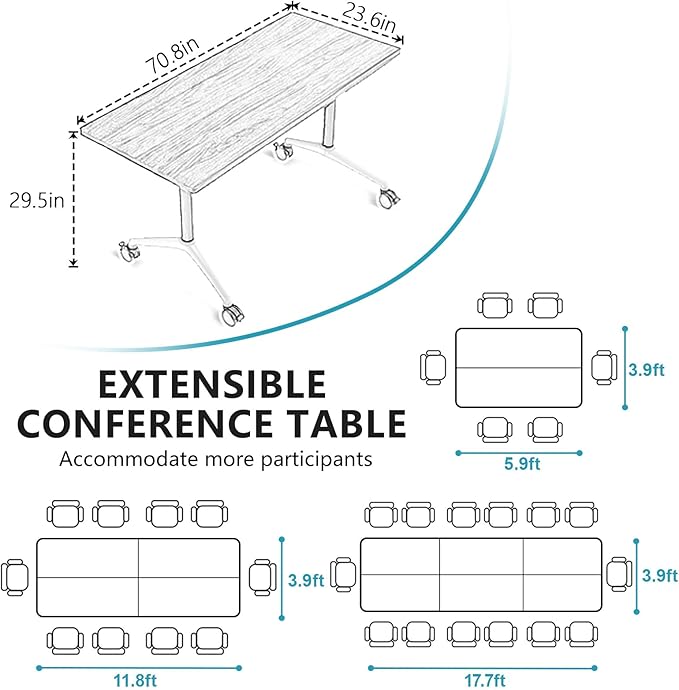 Goakwwuz Conference Room Table, Folding Conference Tables,Thicken Grey Tabletop,Flip Top Wooden Seminar Meeting Room Table for Conference Room Offices (10, Black, 70.8”)