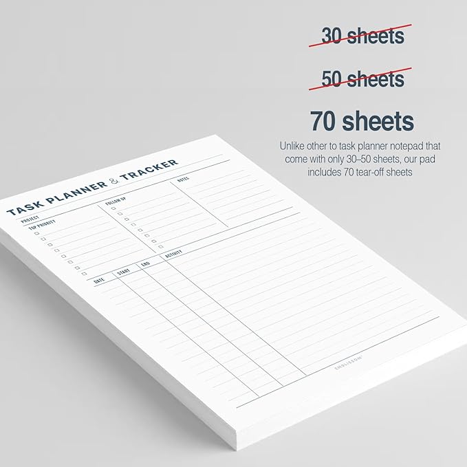 Task Planner & Tracker 8.5 x 11 Tear-Off 70 Sheet Planner Pad – Project Organizer with Time Log, Top Priority, Follow-Up – Notepad for Home & Office (White, Minimalist, 2 Pack)