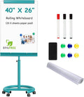 TSJ OFFICE Rolling Whiteboard Standing - 40 x 26 Inches Magnetic Mobile White Board with Stand, Height Adjustable Dry Erase Board on Wheels with Paper Clamp on Top, Blue