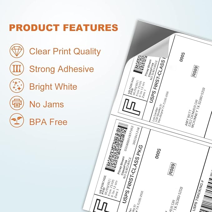 2000 Half Sheet Self Adhesive Shipping Labels for Laser Inkjet Pinters, 8.5 x 5.5 inches (1000 Sheets, 2000 Labels)