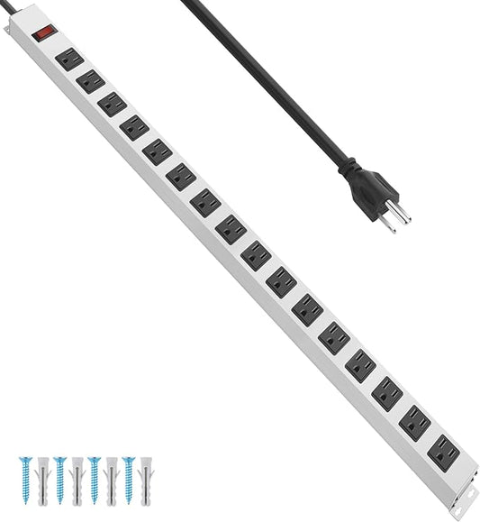 JUNNUJ Metal 16 Outlet Power Strip, Mountable Heavy Duty Power Strip, 1200J Surge Protector Wall Mount Screws Outlet with Switch, Gaming Desk Strips Wide Spaced 15A 125V 1875W, 10 FT 14AWG Power Cord