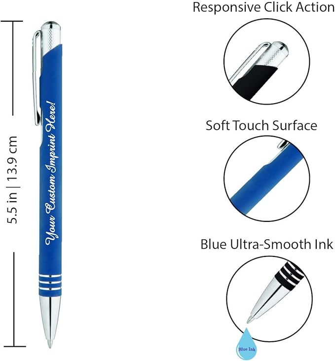ExpressDesigns™ - Blue Ink Personalized Pens Rubberized - The Cameron - Custom Printed Name Pens - Imprinted with Logo or Message - Includes Personalization - 6 Pack (Assorted)