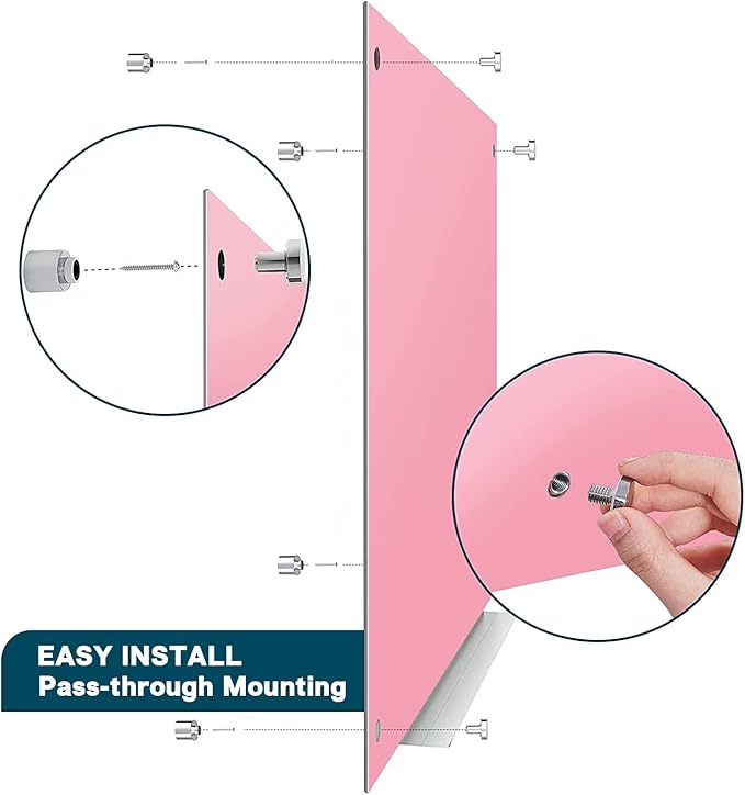 J&J worldwide Magnetic Glass Whiteboard, Wall Mounted Glass Dry Erase Board 47 x 35 Inch, Pink Surface, Frameless with Markers, Magnets, Marker Tray, Eraser for Office, Home, School