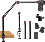 DImotliyor Overhead Camera Mount Desk Stand, 3-Section Flexible Detachable Articulating Arm with 1/4“ 3/8" 5/8" Screw&360° Ball Head, C-clamp Tabletop Mount for DSLR Camera/Webcam/Microphone/Lights
